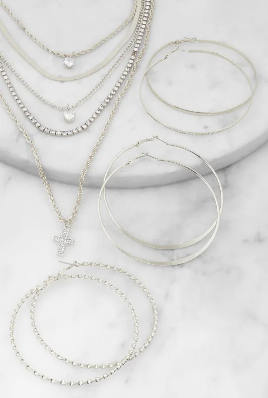 Cross Rhinestone Layered Necklace with Hoop Earring Trio sold by Rainbow