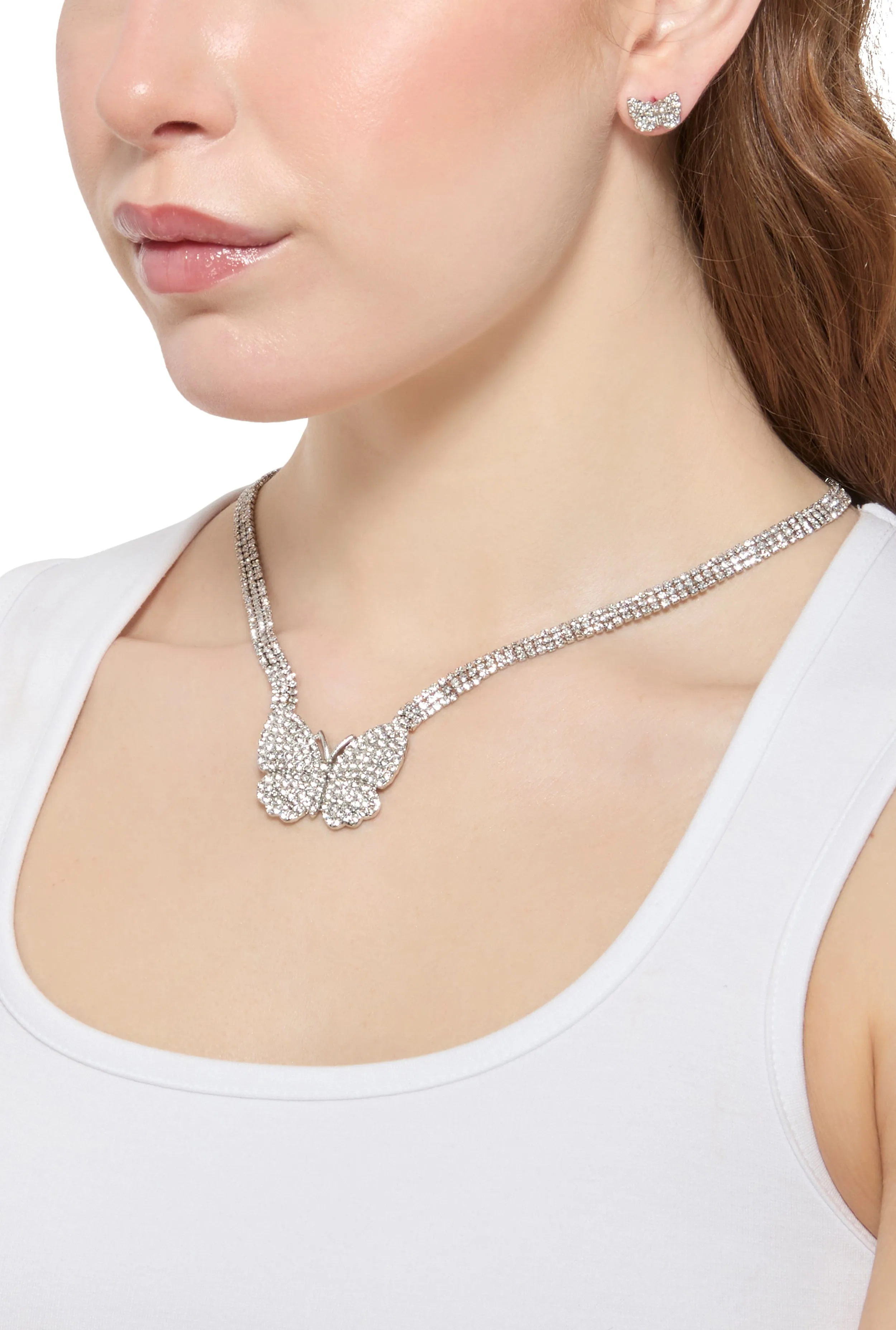 Butterfly Rhinestone Necklace and Stud Earrings Set sold by Rainbow