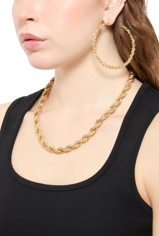 Metallic Rope Chain Necklace and Hoop Earrings sold by Rainbow