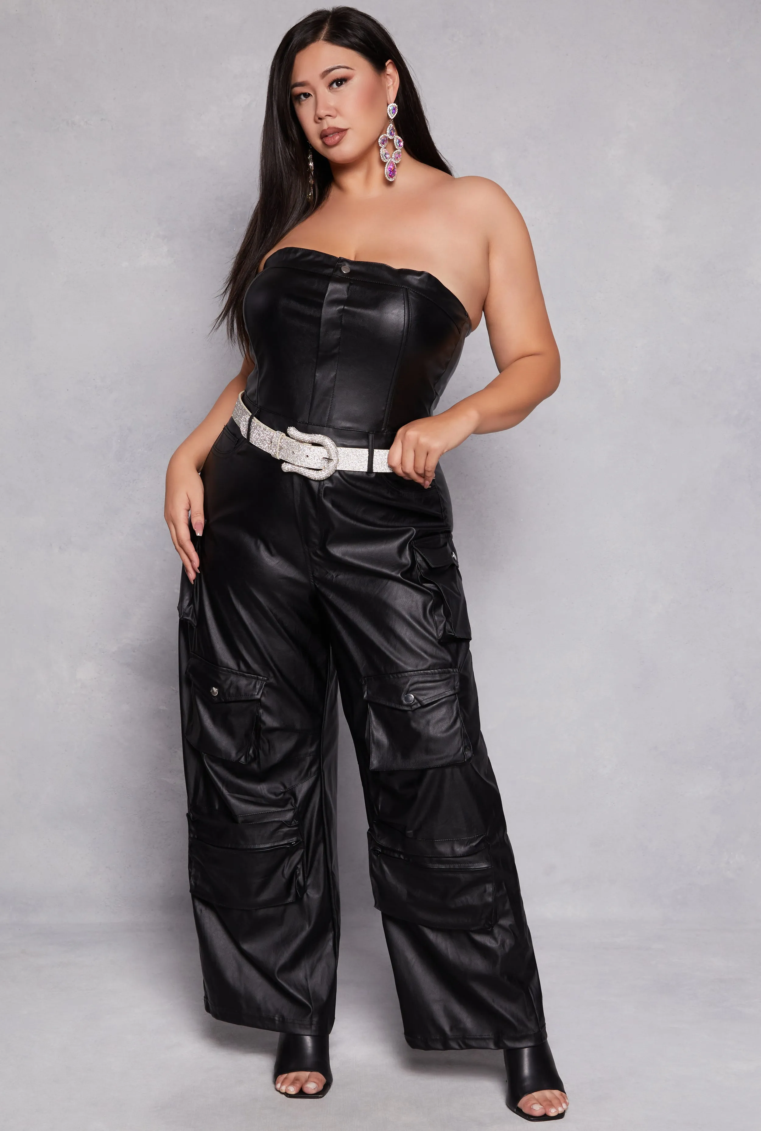 Plus Size Faux Leather Cargo Pocket Jumpsuit sold by Rainbow