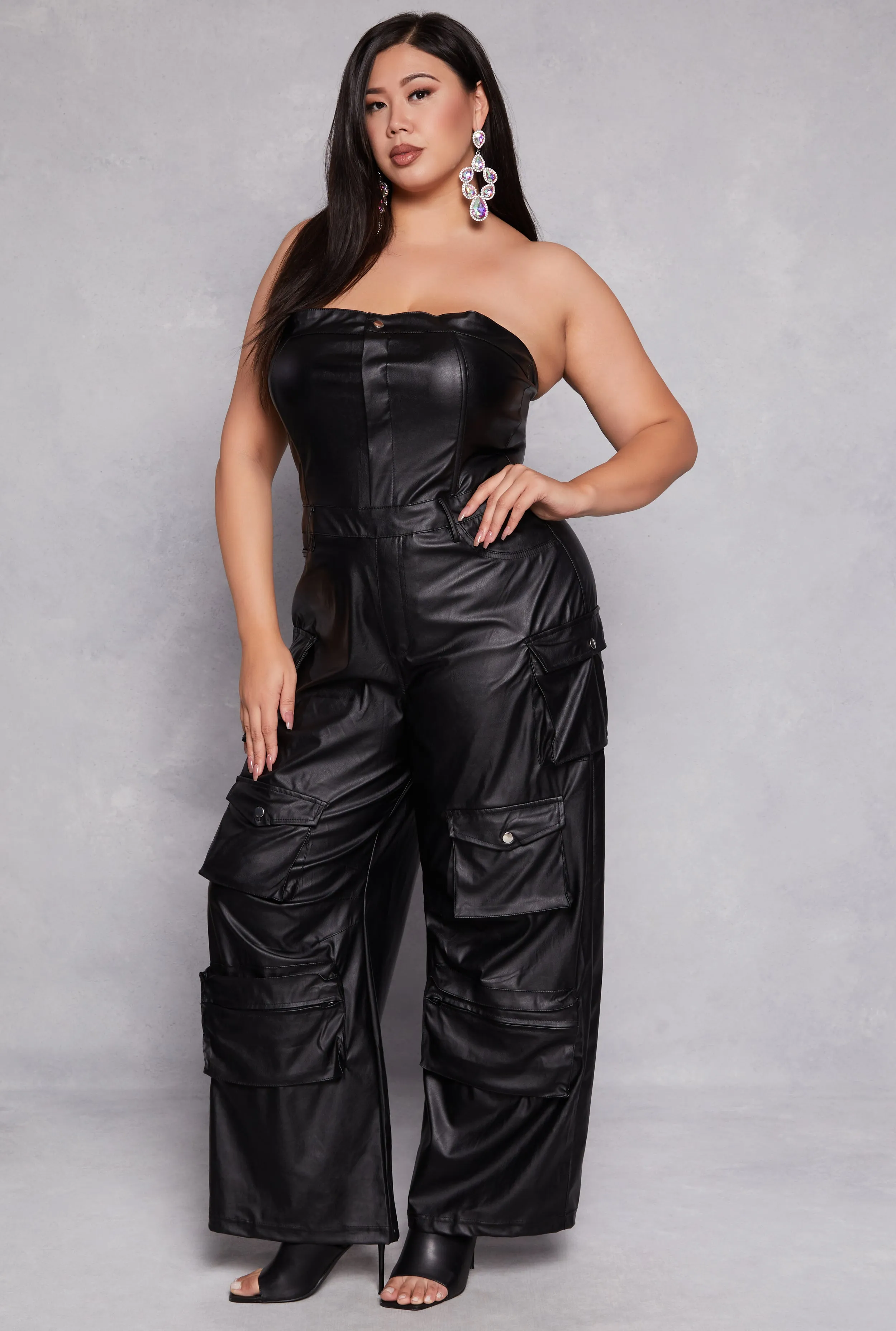 Plus Size Faux Leather Cargo Pocket Jumpsuit sold by Rainbow product image thumbnail 2