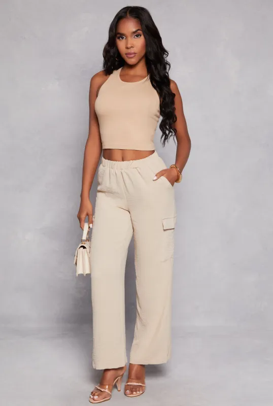 Airy Crepe Knit Cargo Wide Leg Pants sold by Rainbow
