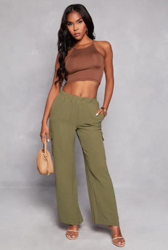 Airy Crepe Knit Cargo Wide Leg Pants sold by Rainbow