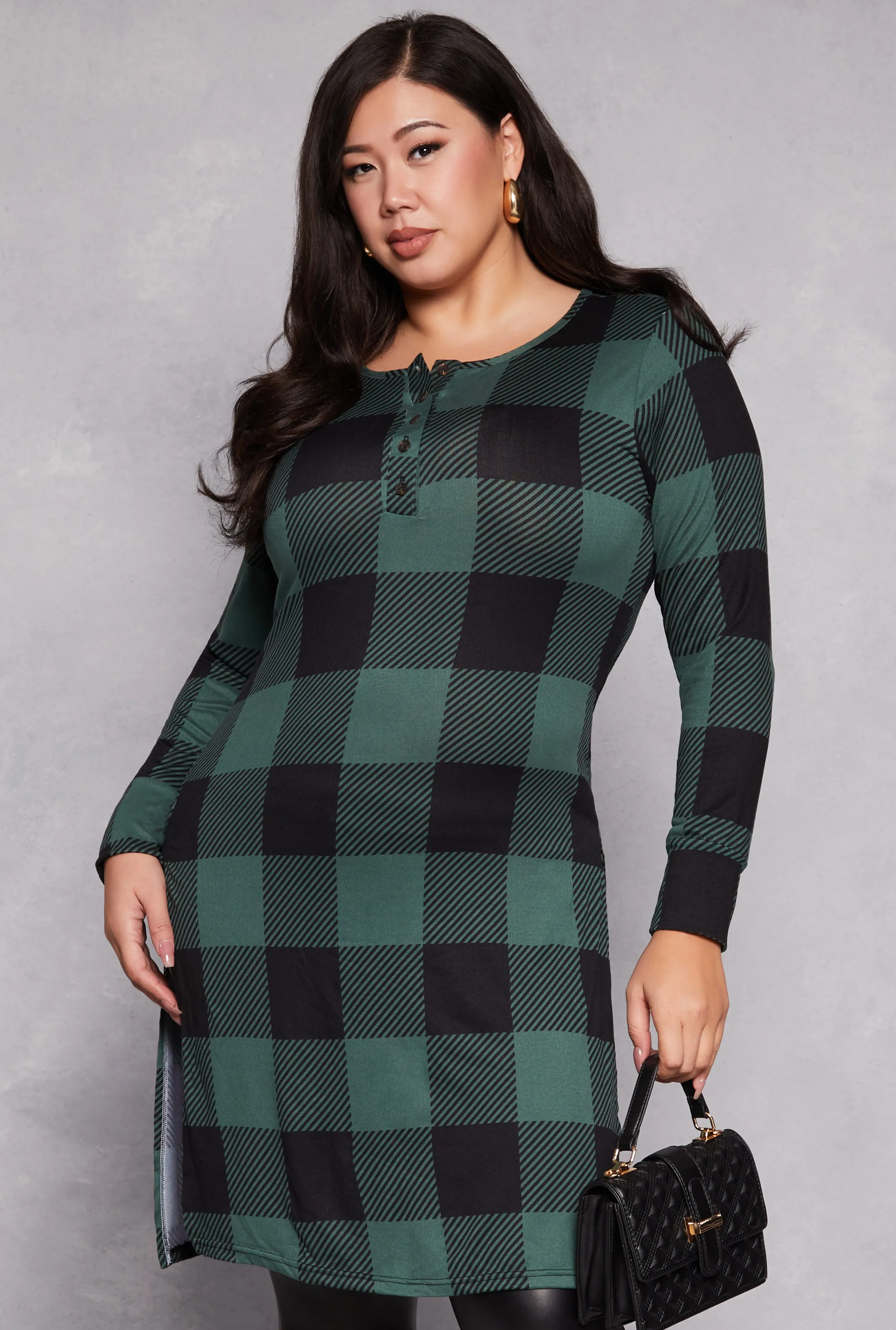 Plus Size Buffalo Plaid Henley Tunic Top sold by Rainbow