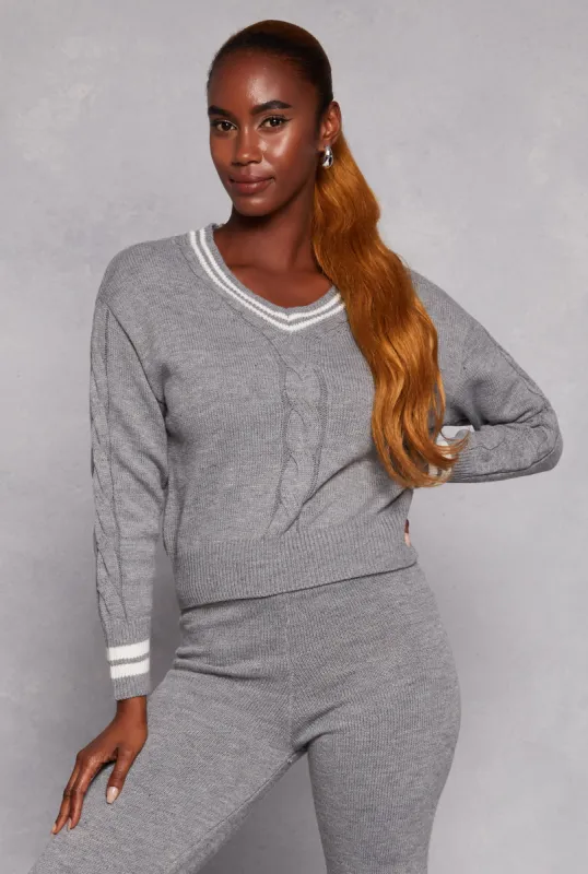 Cable Knit Varsity Stripe Sweater sold by Rainbow