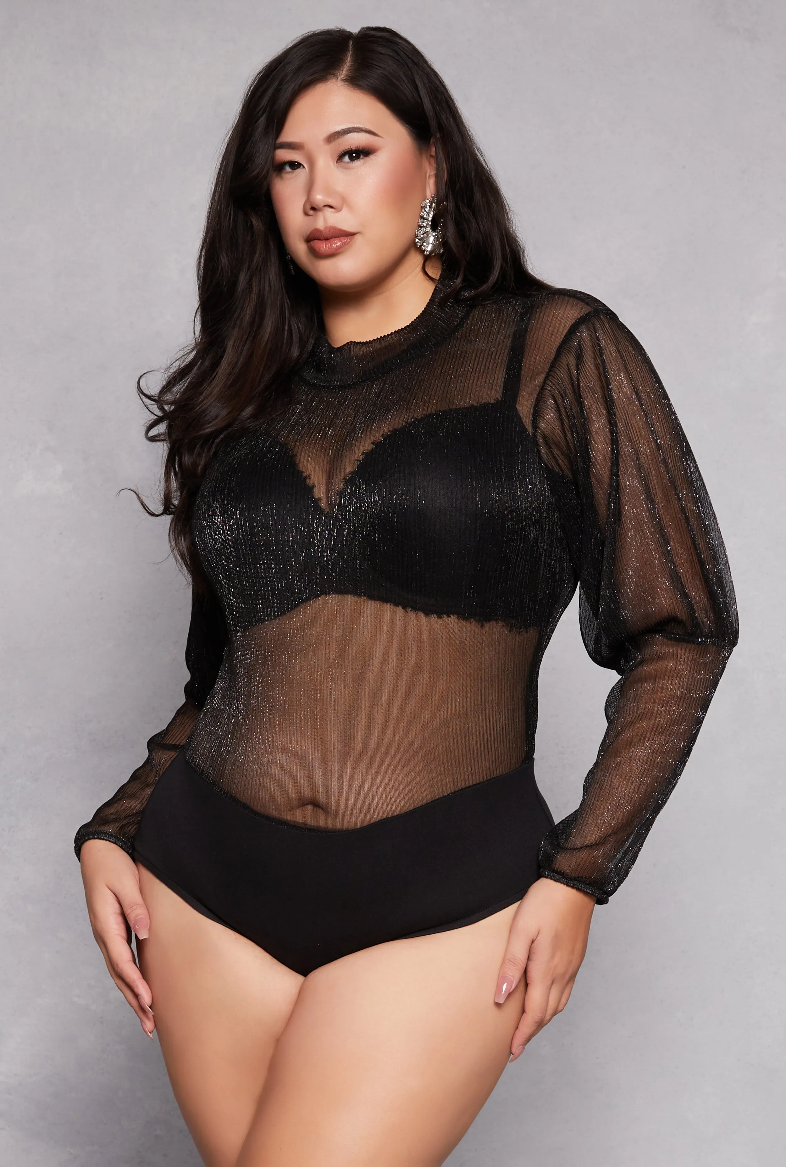 Plus Size Lurex Balloon Sleeve Bodysuit sold by Rainbow