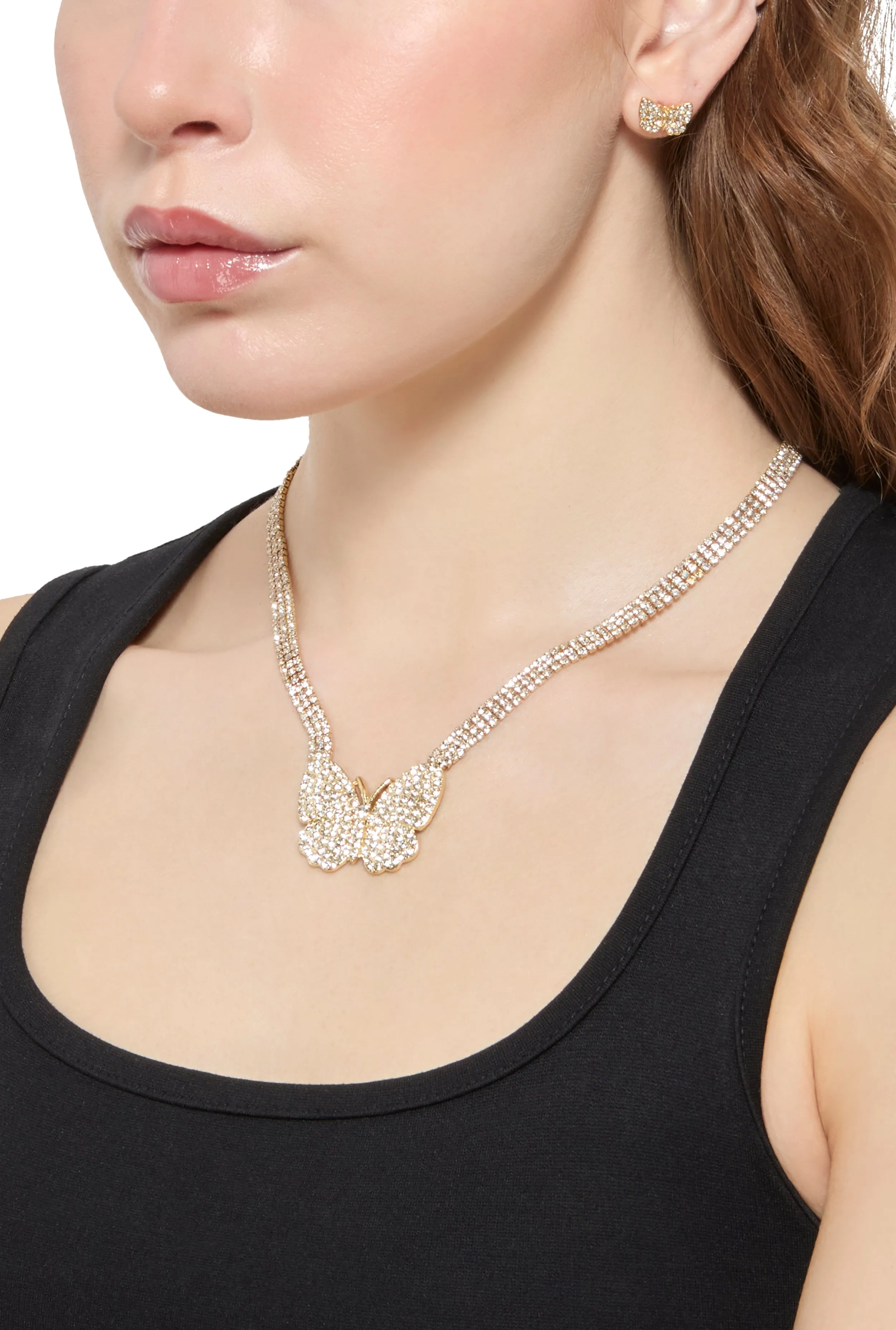 Butterfly Rhinestone Necklace and Stud Earrings Set sold by Rainbow