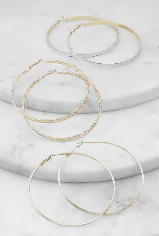 Metallic Glitter Hoop Earrings Set of 3 sold by Rainbow