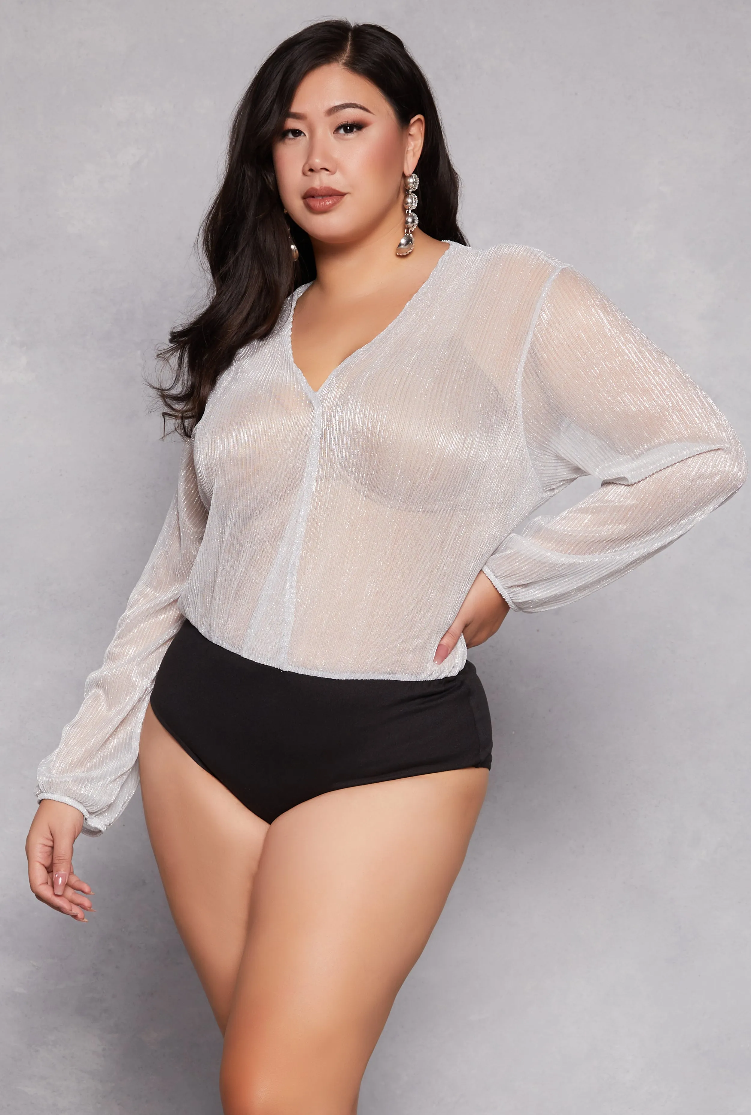 Plus Size Lurex Surplice Bubble Sleeve Bodysuit sold by Rainbow