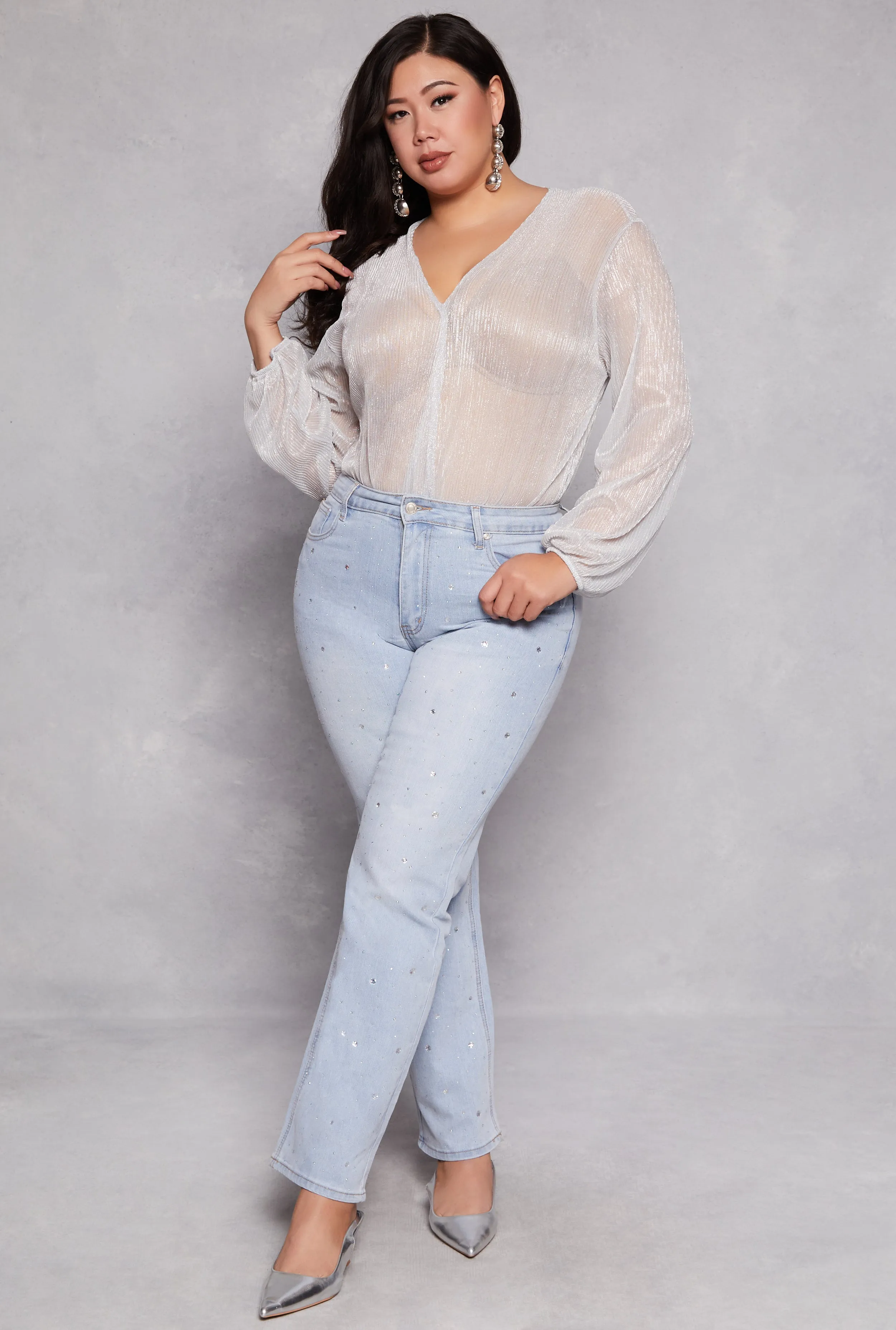 Plus Size Lurex Surplice Bubble Sleeve Bodysuit sold by Rainbow product image thumbnail 2