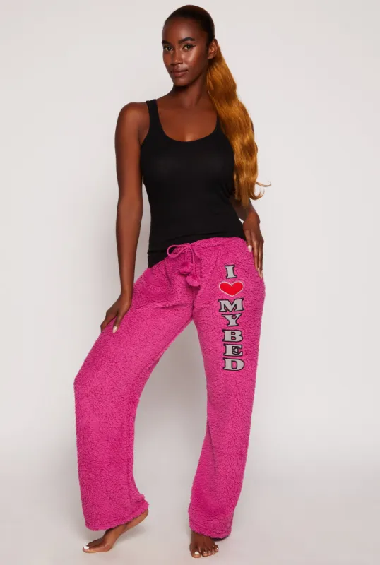 I Heart My Bed Embroidered Sherpa Pajama Pants sold by Rainbow