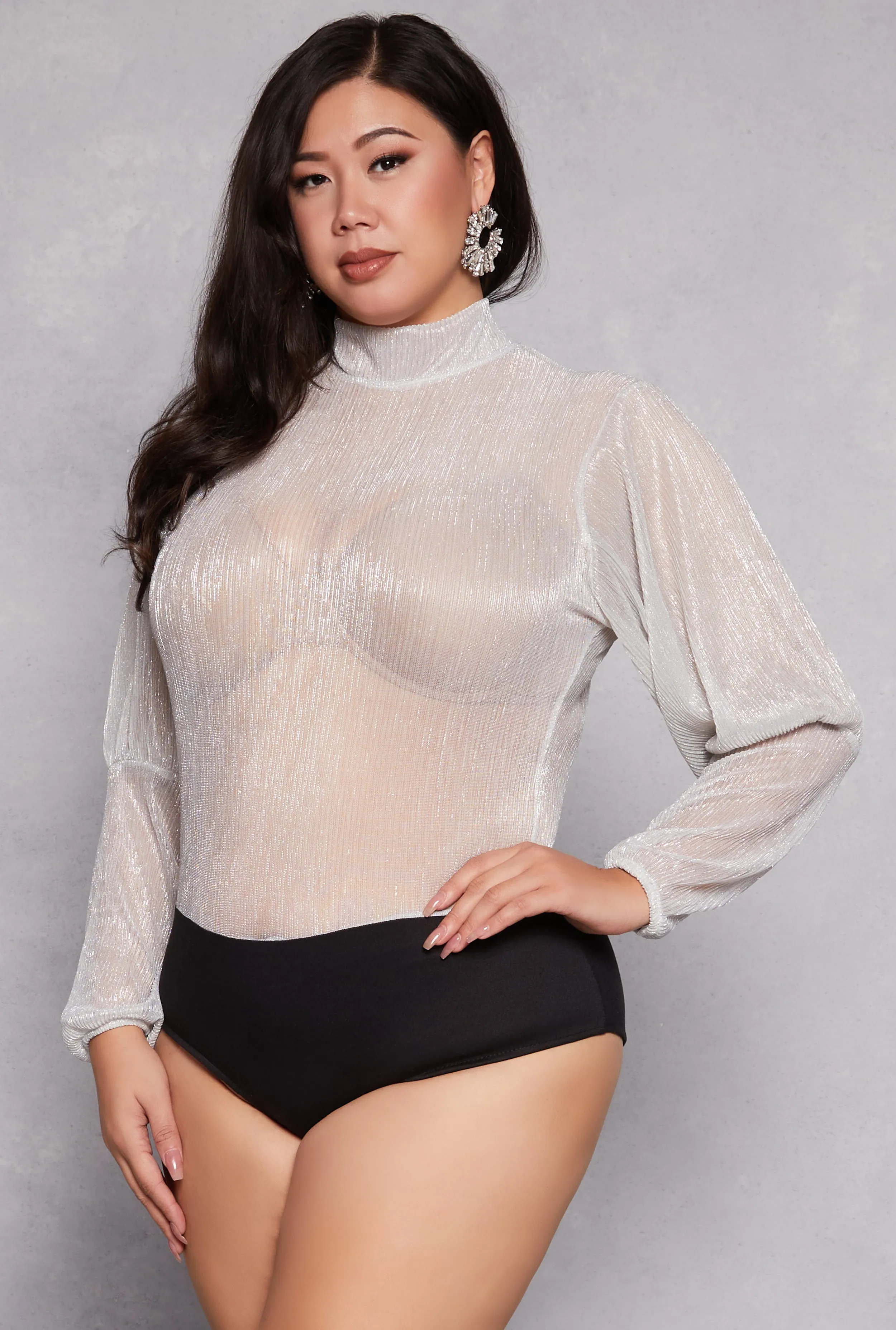 Plus Size Lurex Balloon Sleeve Bodysuit sold by Rainbow