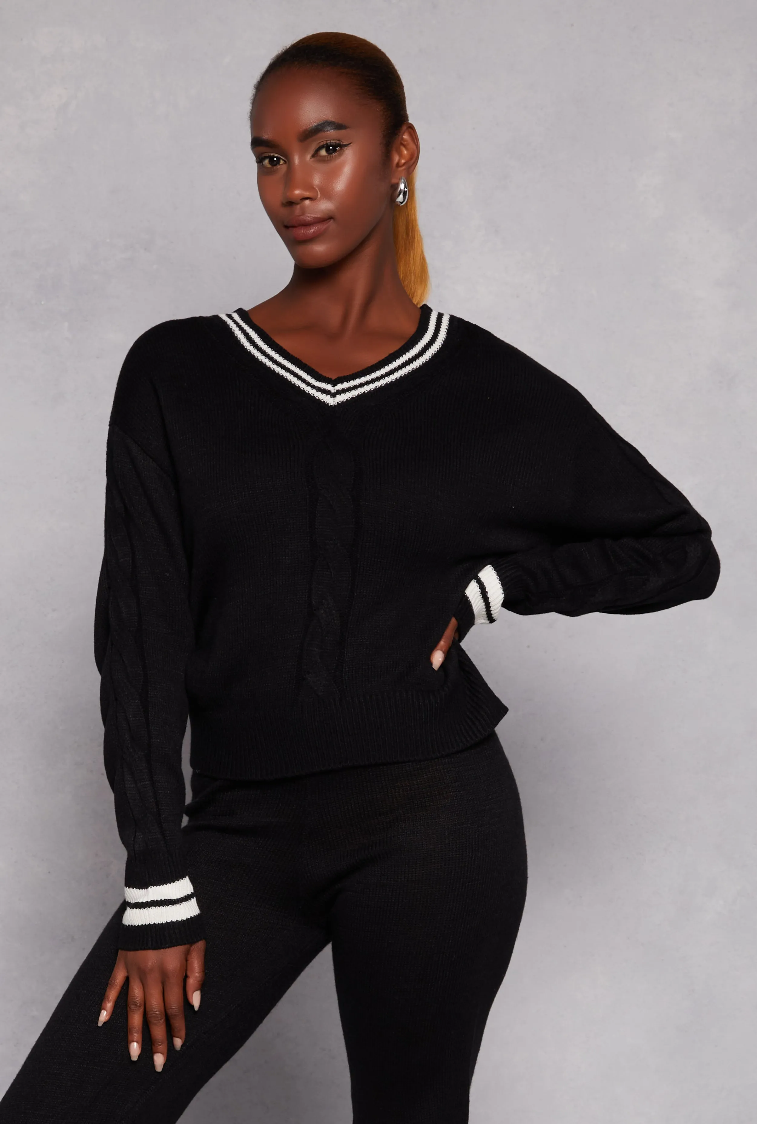 Cable Knit Varsity Stripe Sweater sold by Rainbow