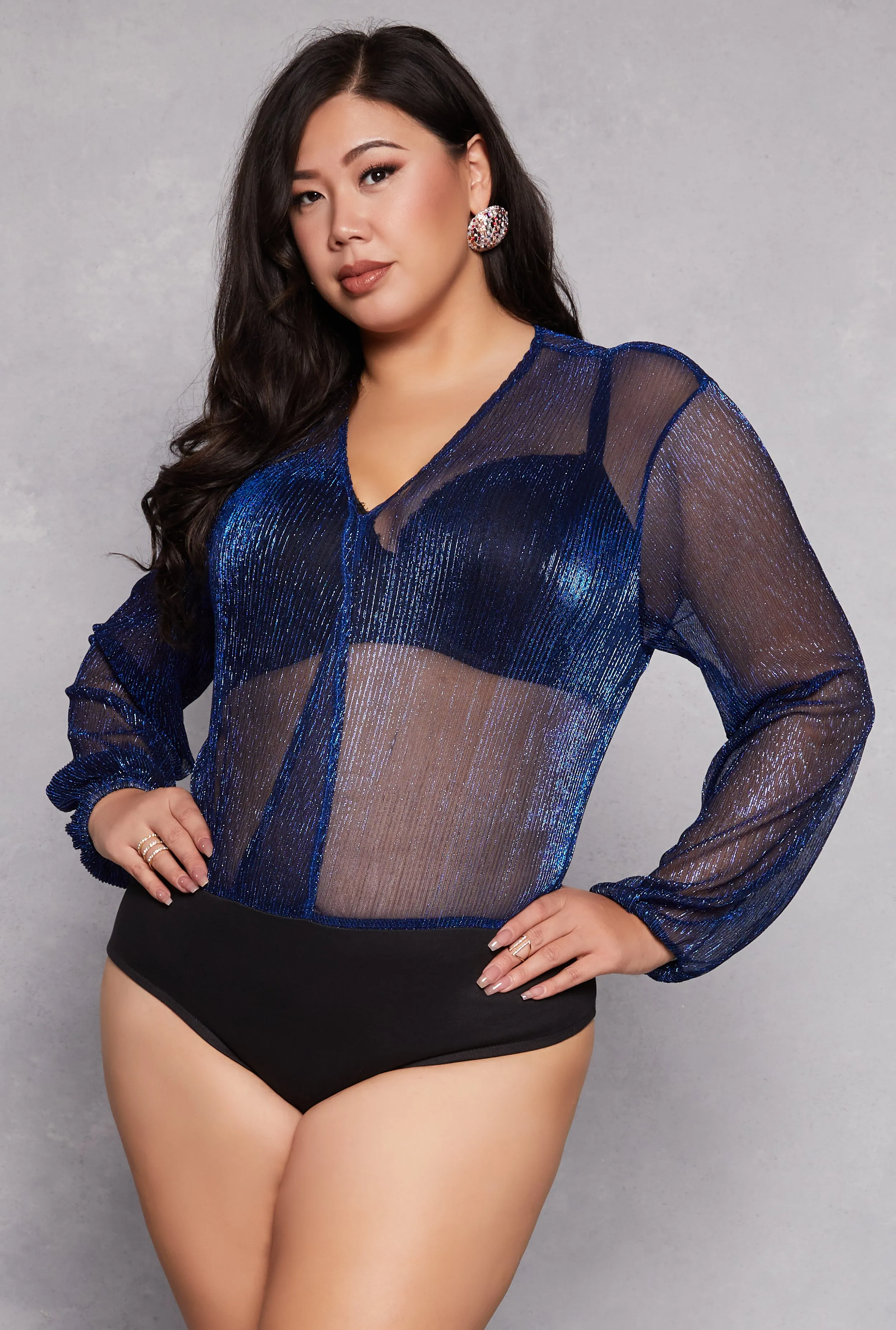 Plus Size Lurex Surplice Bubble Sleeve Bodysuit sold by Rainbow