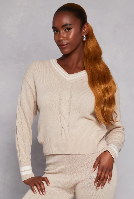 Cable Knit Varsity Stripe Sweater sold by Rainbow