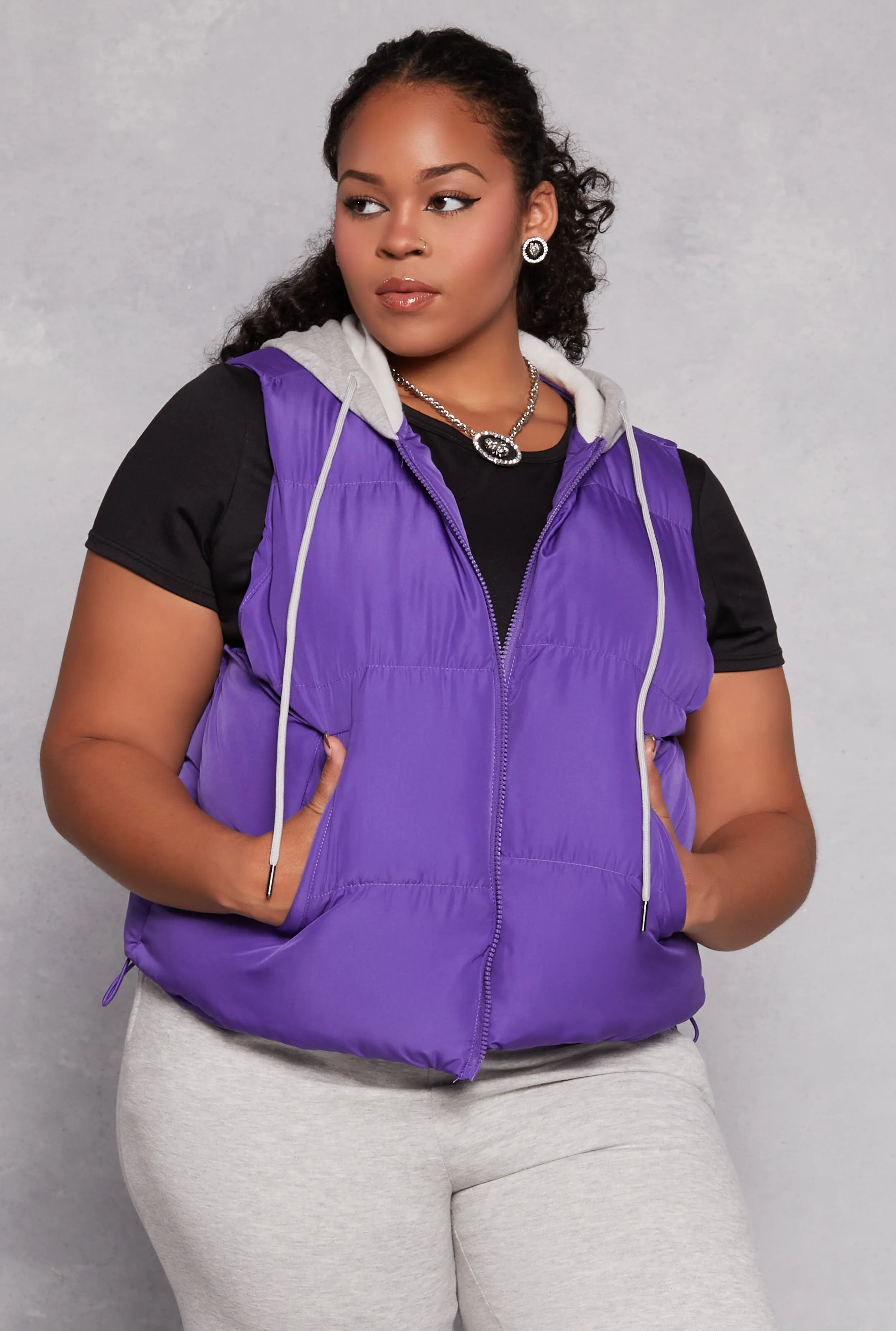 Plus Size Almost Famous Zip Front Hooded Puffer Vest sold by Rainbow