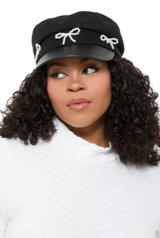 Faux Pearl Bow Detail Cabbie Hat sold by Rainbow