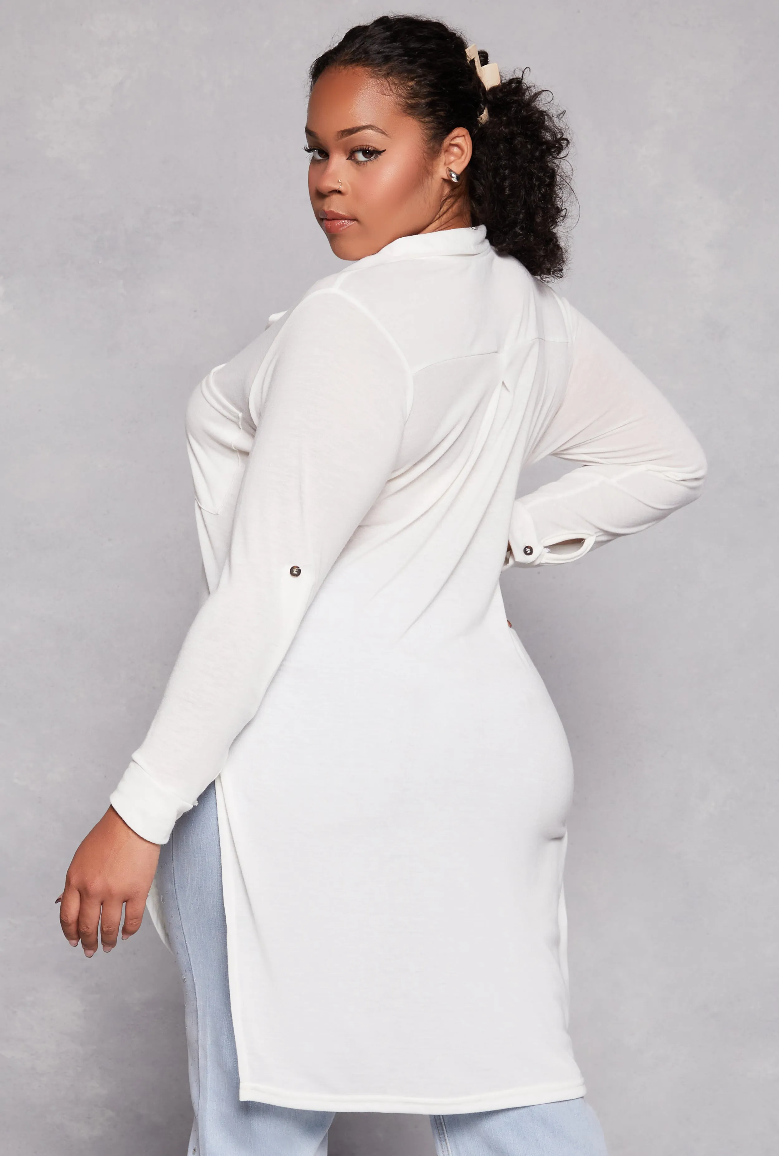 Plus Size Tabbed Sleeve Button Front Tunic Shirt sold by Rainbow product image thumbnail 3