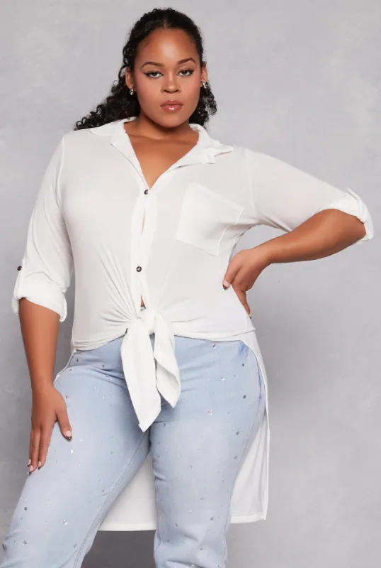 Plus Size Tabbed Sleeve Button Front Tunic Shirt sold by Rainbow
