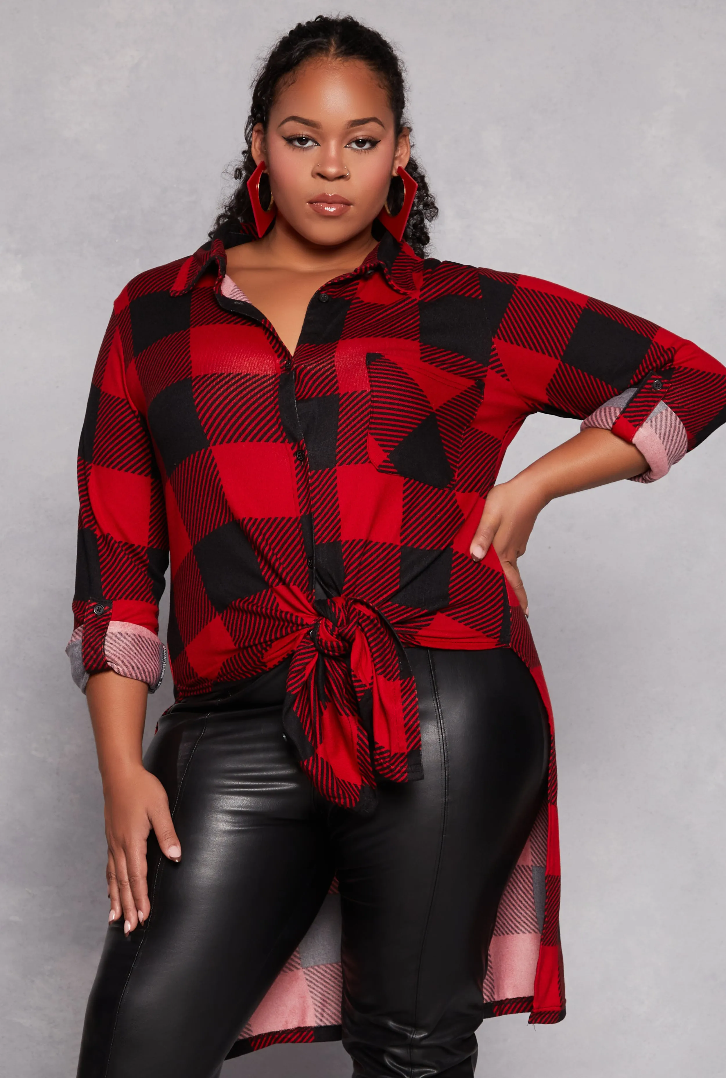 Plus Size Plaid Tie Front High Low Top sold by Rainbow