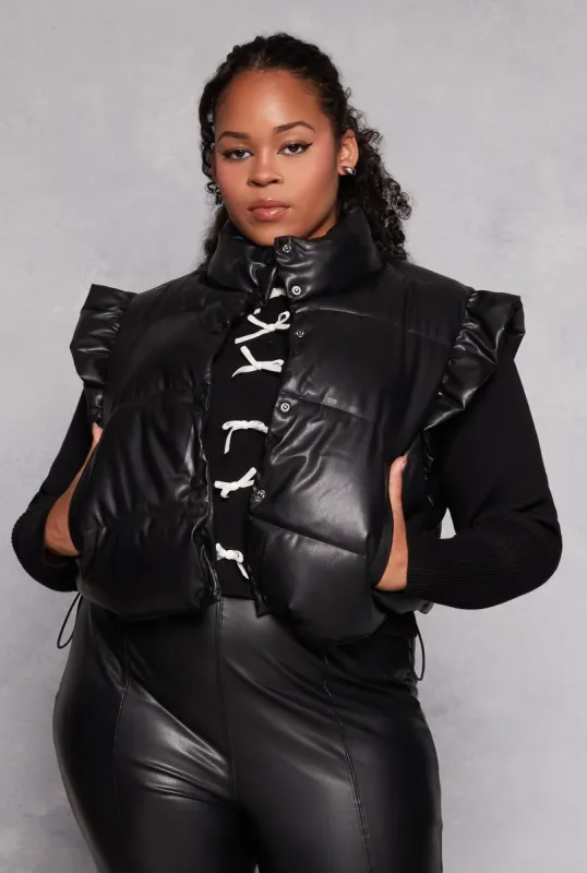 Plus Size Almost Famous Flutter Sleeve Faux Leather Puffer Vest sold by Rainbow