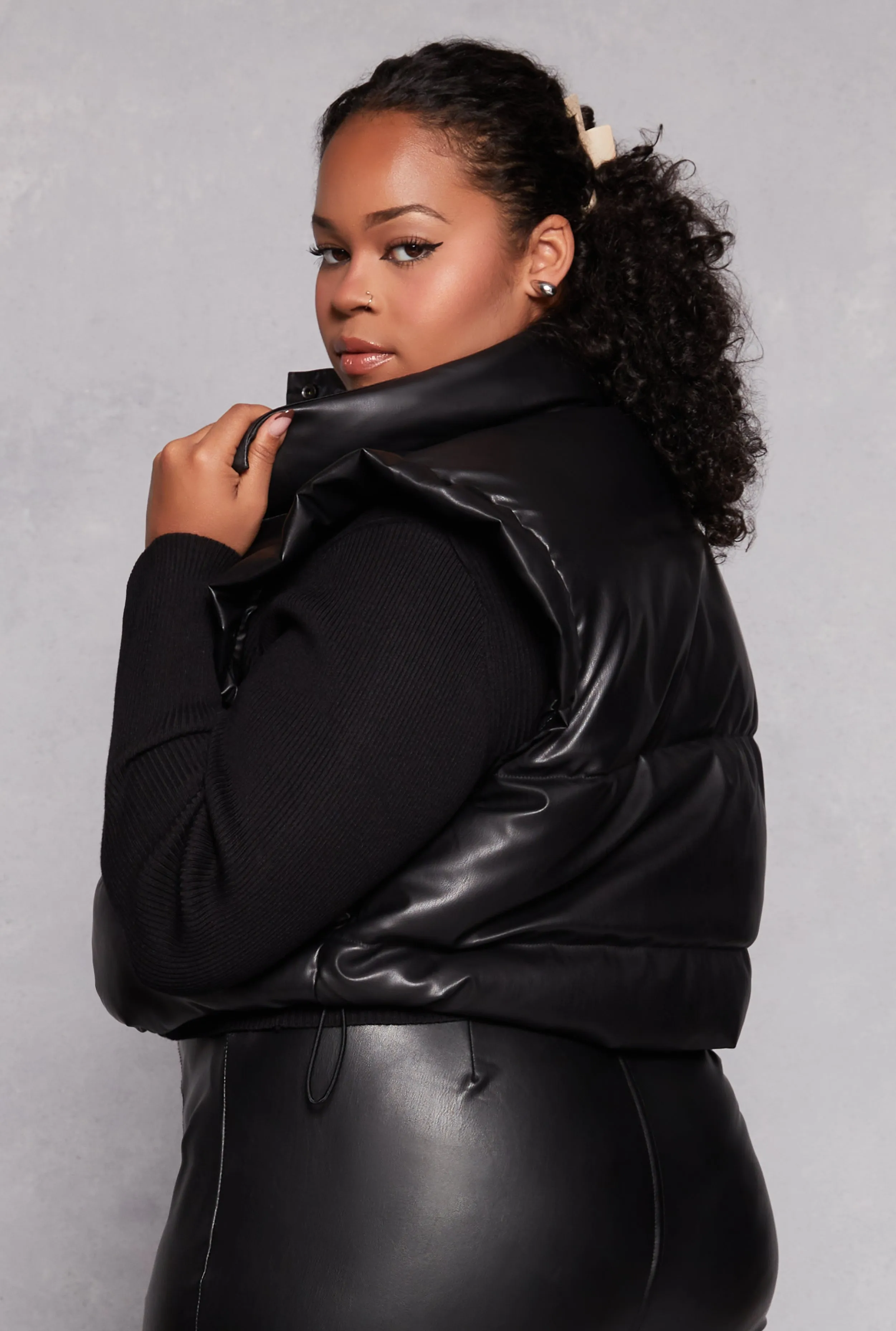 Plus Size Almost Famous Flutter Sleeve Faux Leather Puffer Vest sold by Rainbow product image thumbnail 3