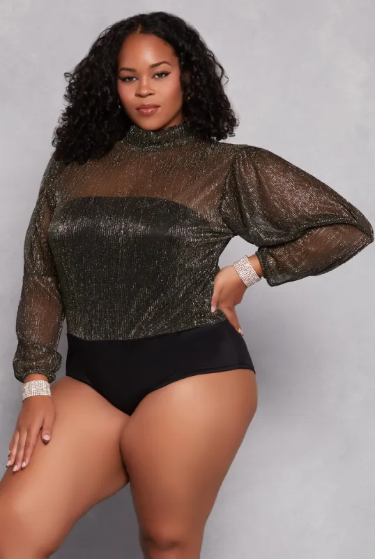 Plus Size Lurex Balloon Sleeve Bodysuit sold by Rainbow