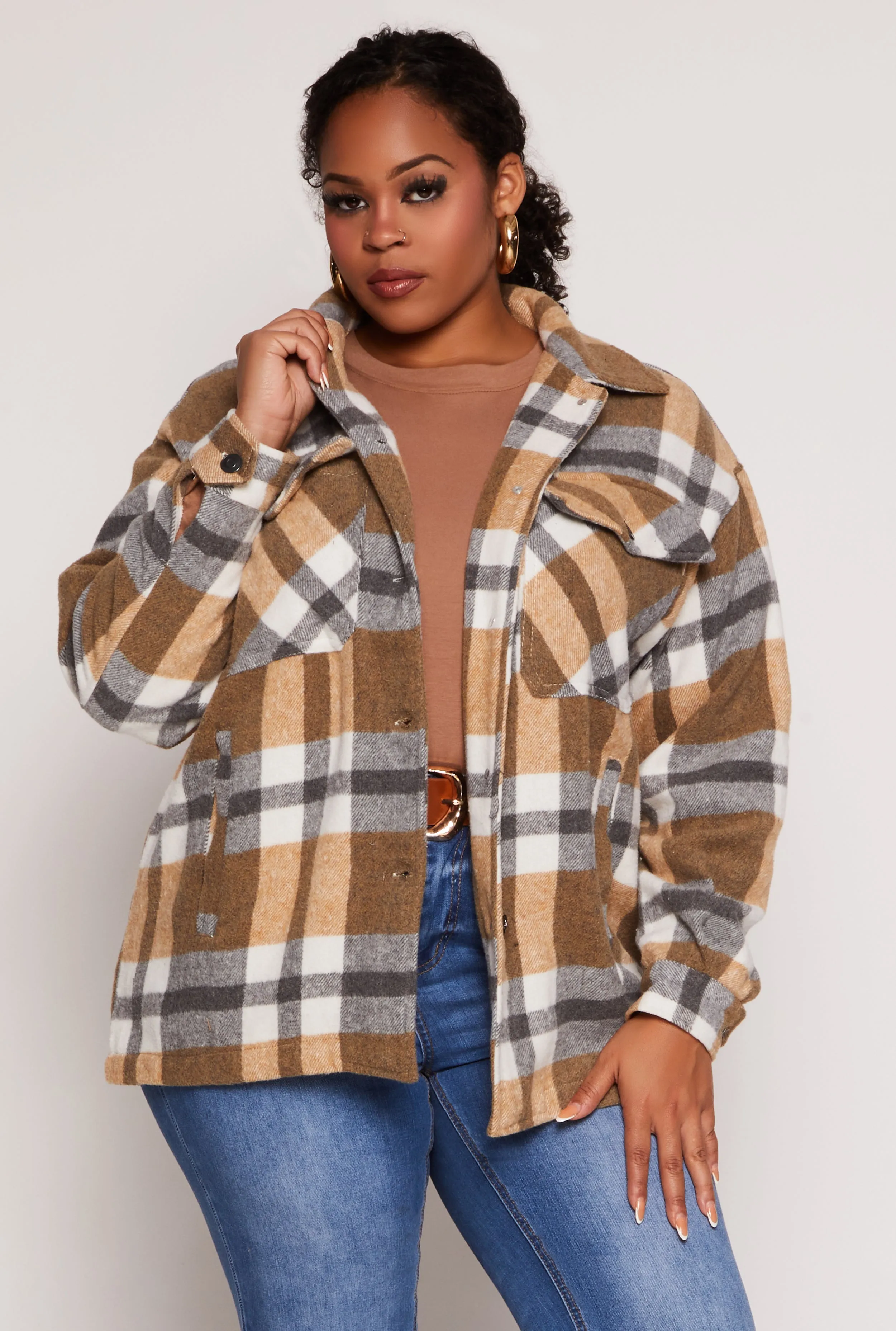 Plus Size Brushed Knit Plaid Shacket sold by Rainbow
