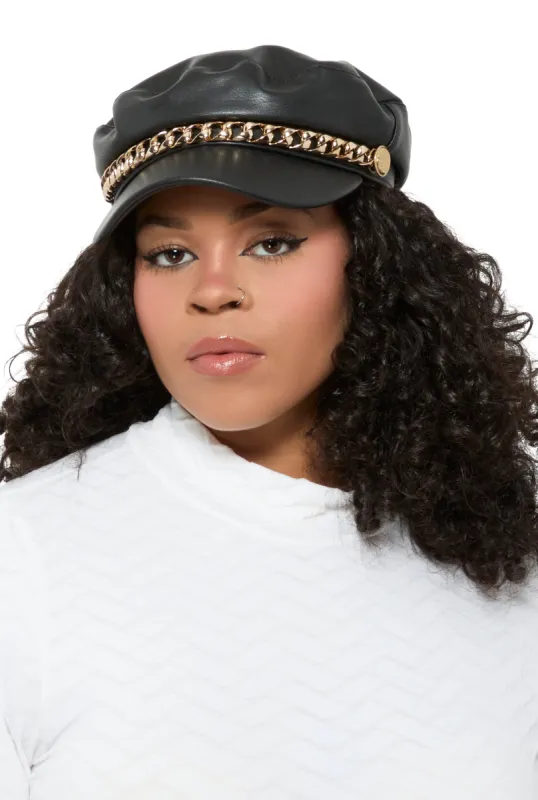 Faux Leather Chain Detail Cabbie Hat sold by Rainbow