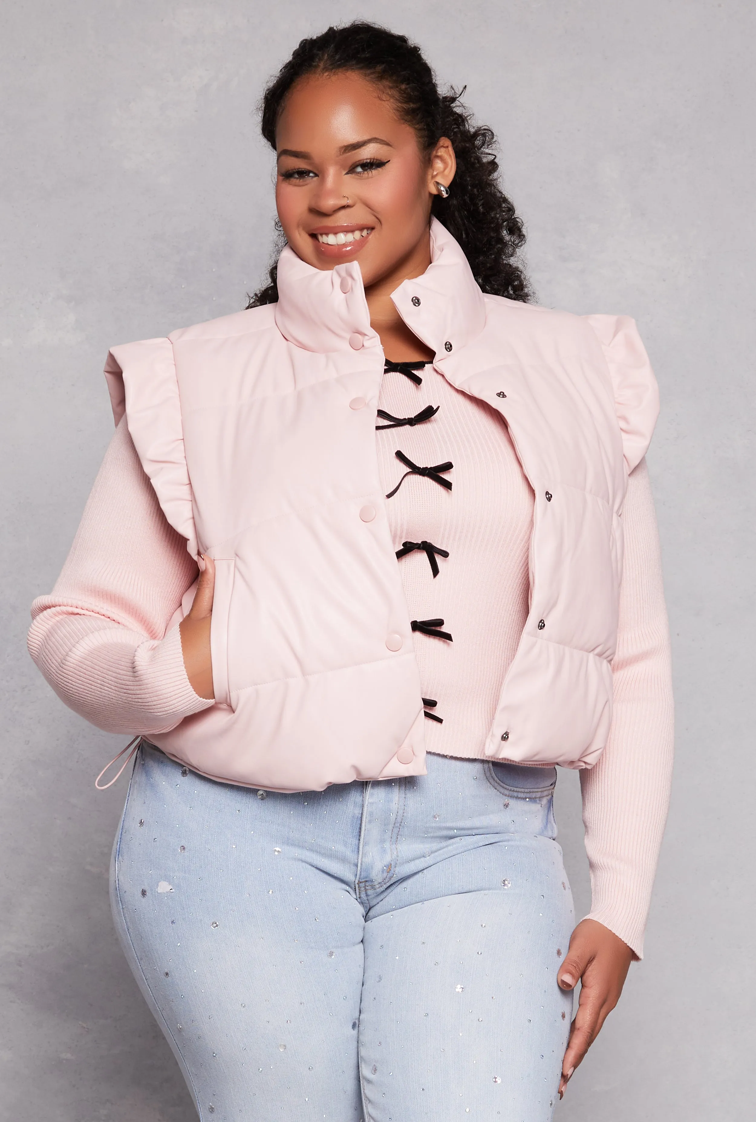 Plus Size Almost Famous Flutter Sleeve Faux Leather Puffer Vest sold by Rainbow