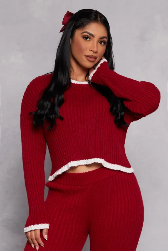 Ribbed Contrast Trim Long Sleeve Sweater sold by Rainbow