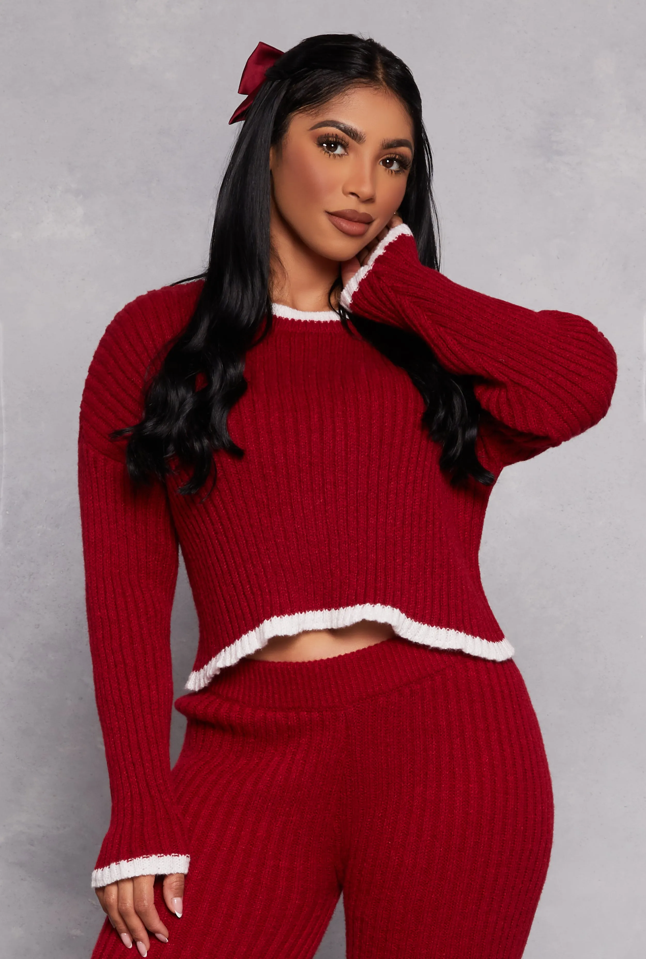 Ribbed Contrast Trim Long Sleeve Sweater sold by Rainbow