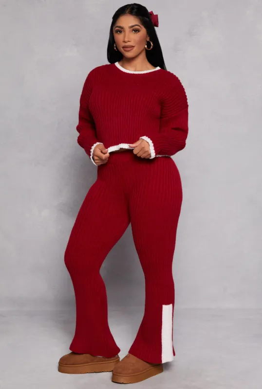 Knit Contrast Stripe High Waist Flare Pants sold by Rainbow
