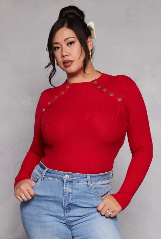 Plus Size Button Detail Crew Neck Sweater sold by Rainbow