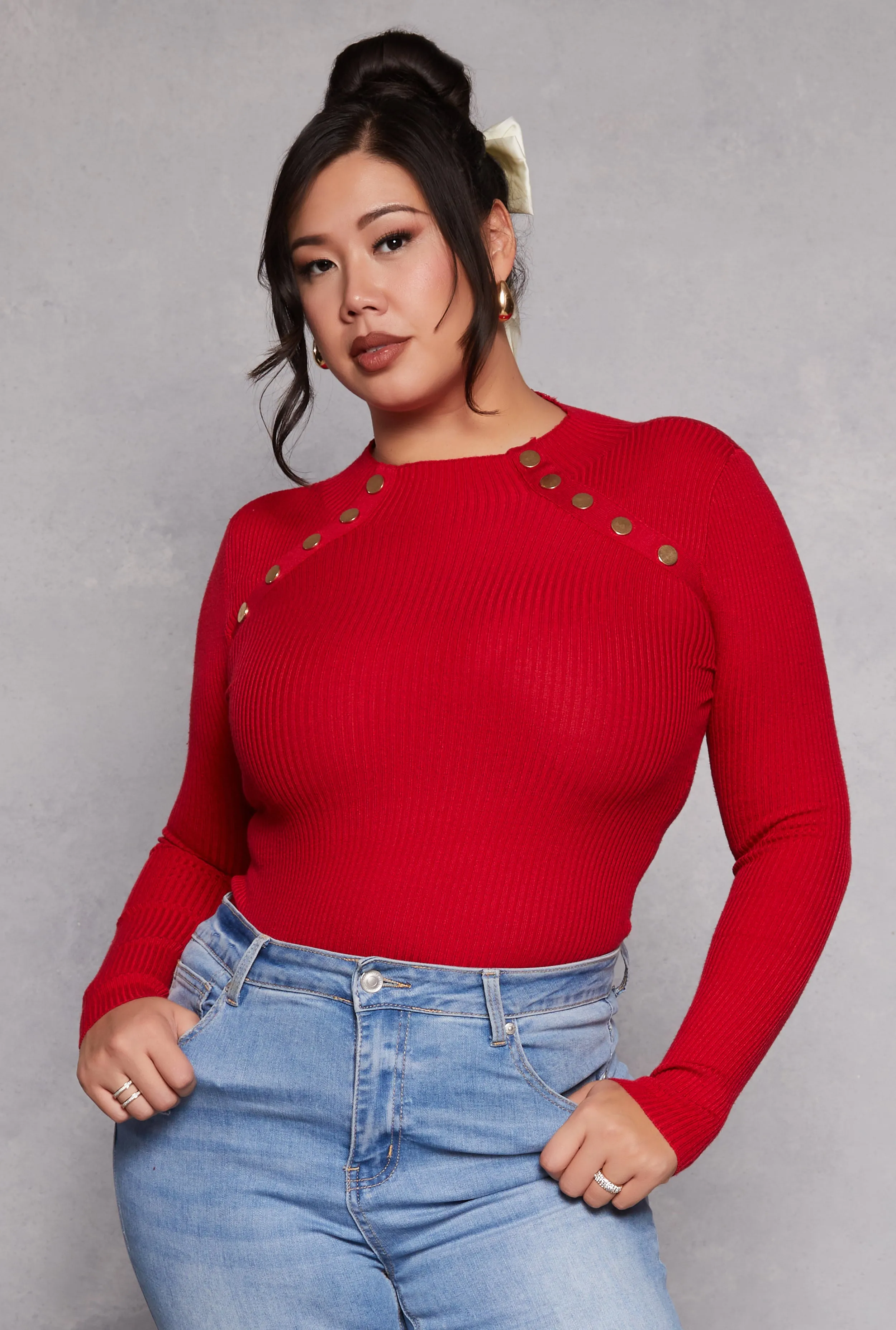 Plus Size Button Detail Crew Neck Sweater sold by Rainbow