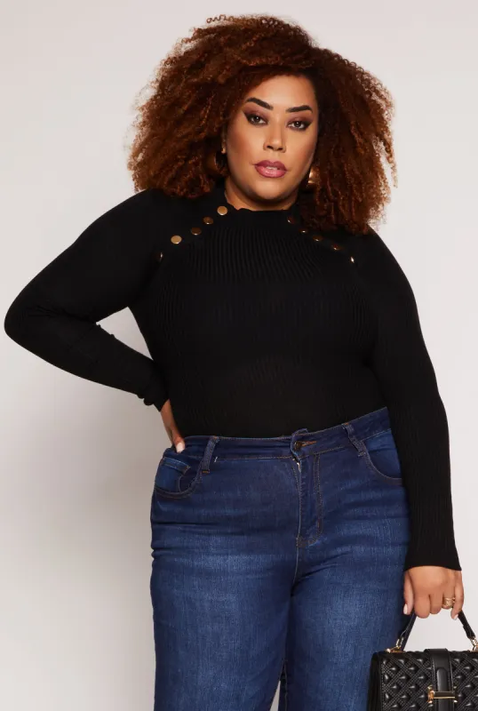 Plus Size Button Detail Crew Neck Sweater sold by Rainbow