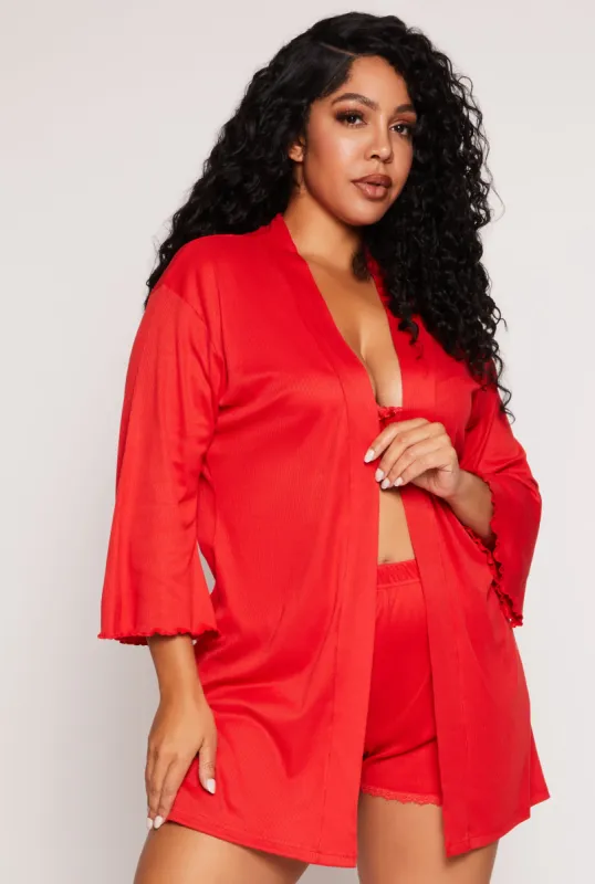 Plus Size Lace Trim Pajama Bralette and Shorts with Robe sold by Rainbow