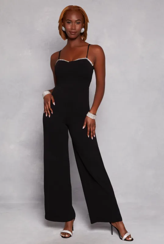 Almost Famous Rhinestone Detail Cami Jumpsuit sold by Rainbow