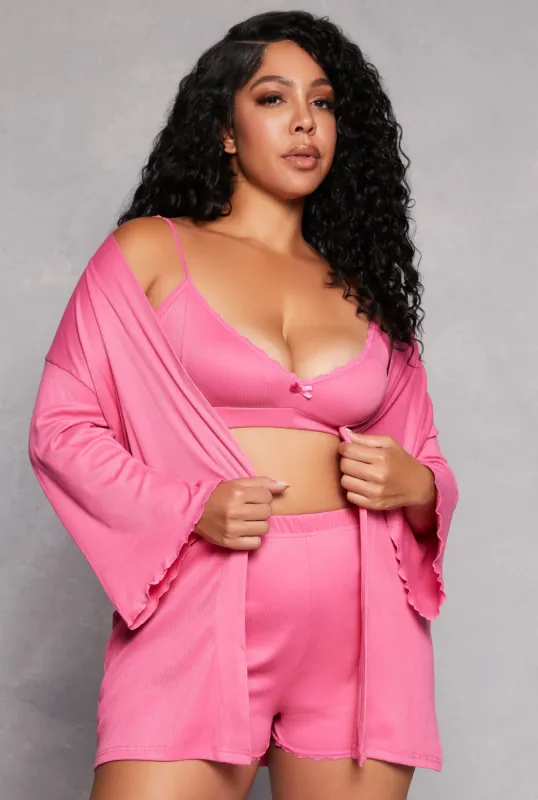 Plus Size Lace Trim Pajama Bralette and Shorts with Robe sold by Rainbow