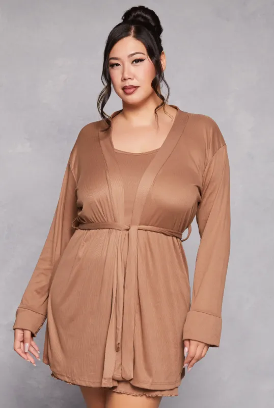 Plus Size Ribbed Lettuce Trim Cami Nightgown with Robe sold by Rainbow