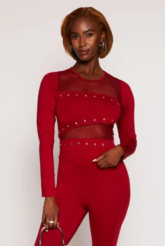 Rhinestone Fishnet Detail Long Sleeve Top sold by Rainbow