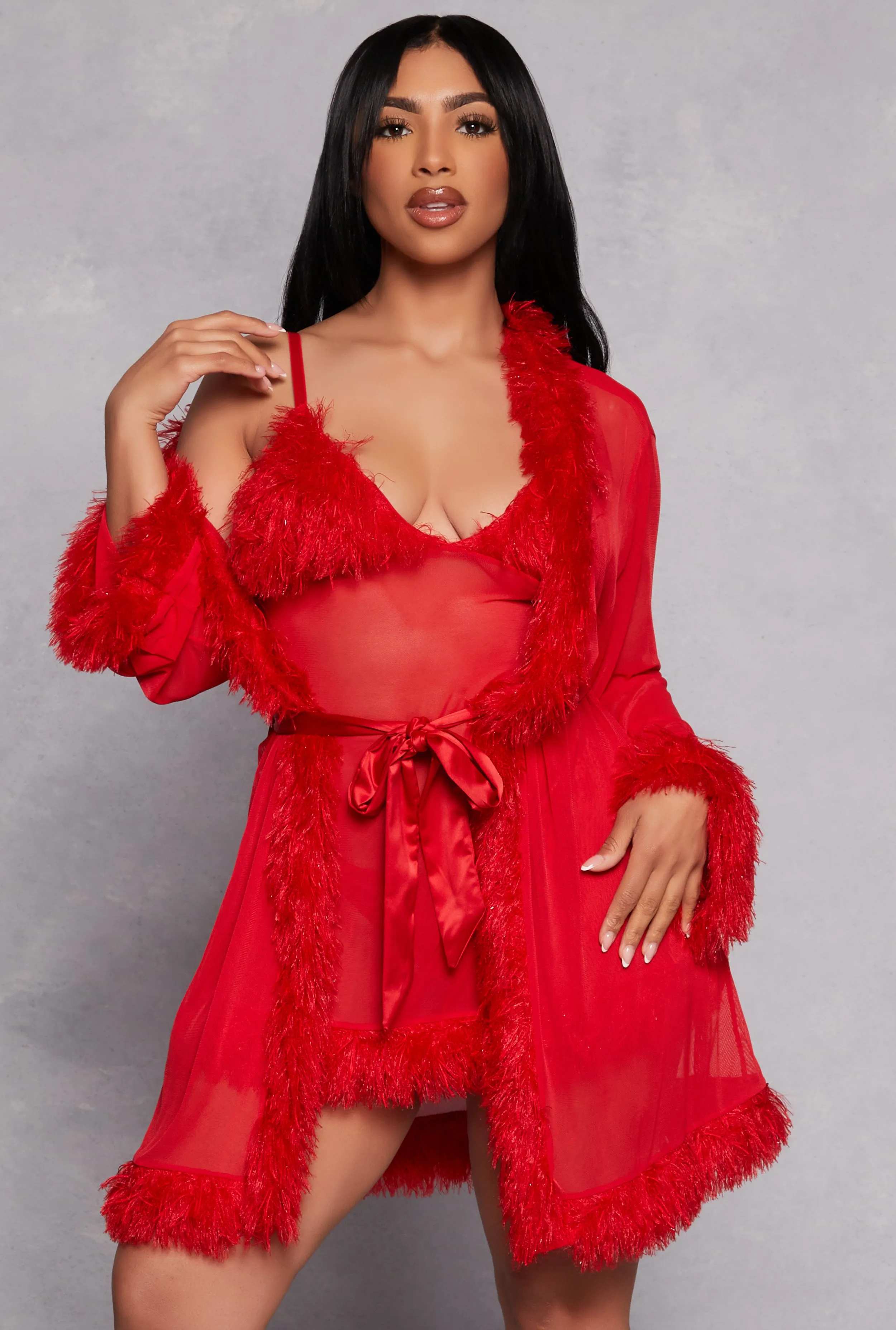 Feather Trim Mesh Robe sold by Rainbow