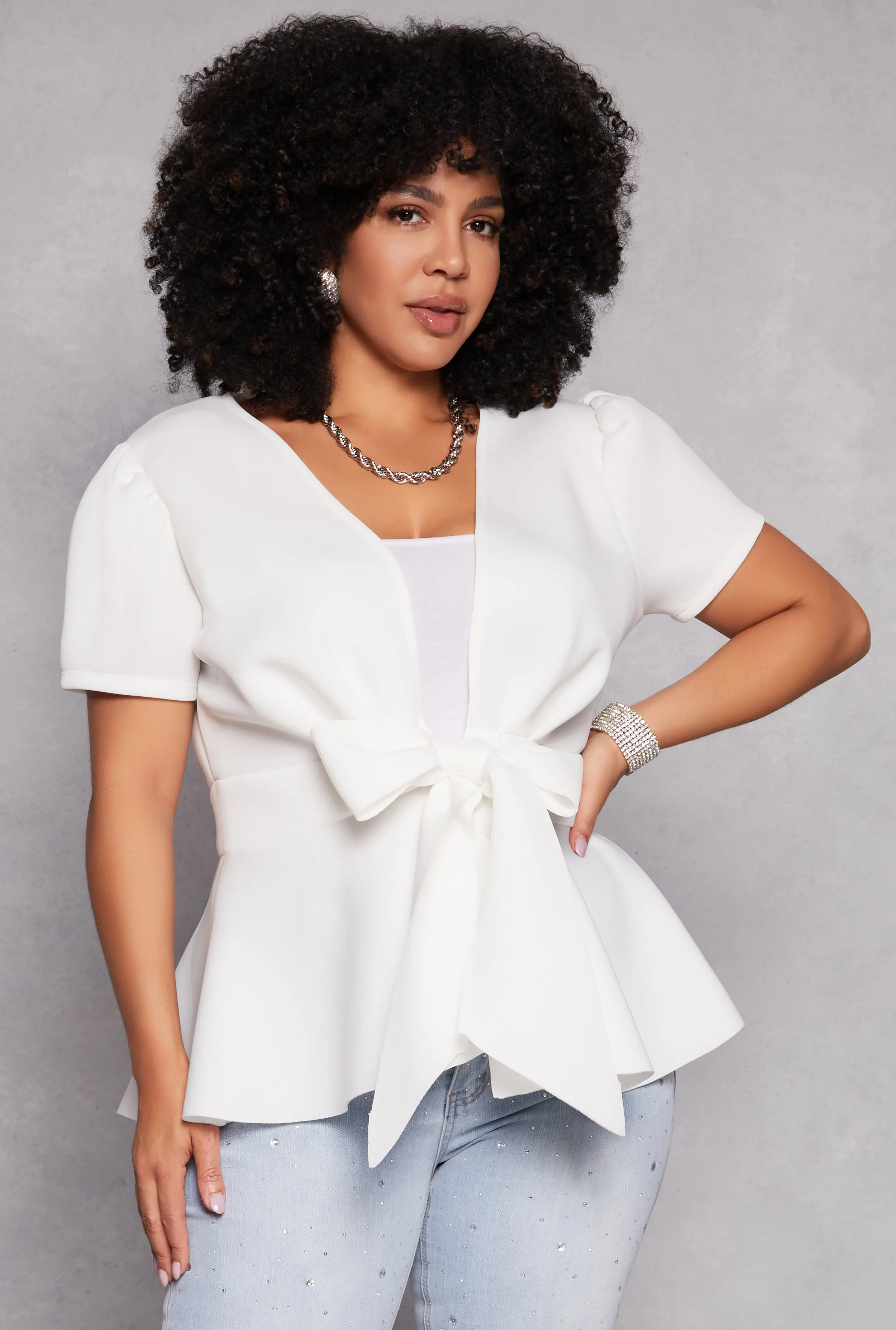 Plus Size Tie Waist Peplum Top sold by Rainbow