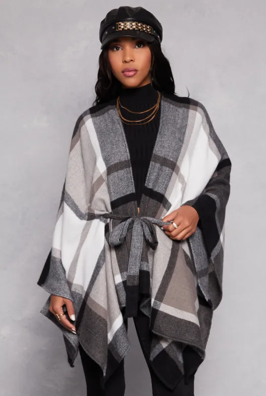 Brushed Knit Plaid Tie Waist Belted Poncho sold by Rainbow