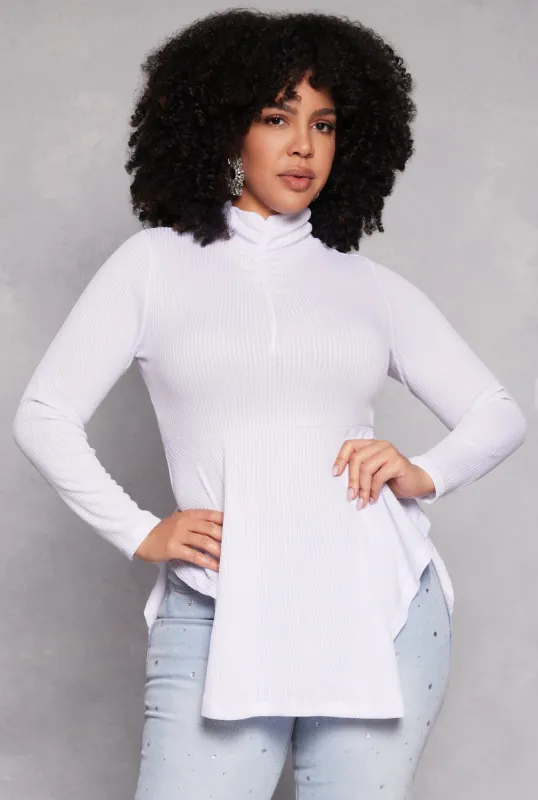 Plus Size Rouched Mock Neck Peplum Top sold by Rainbow