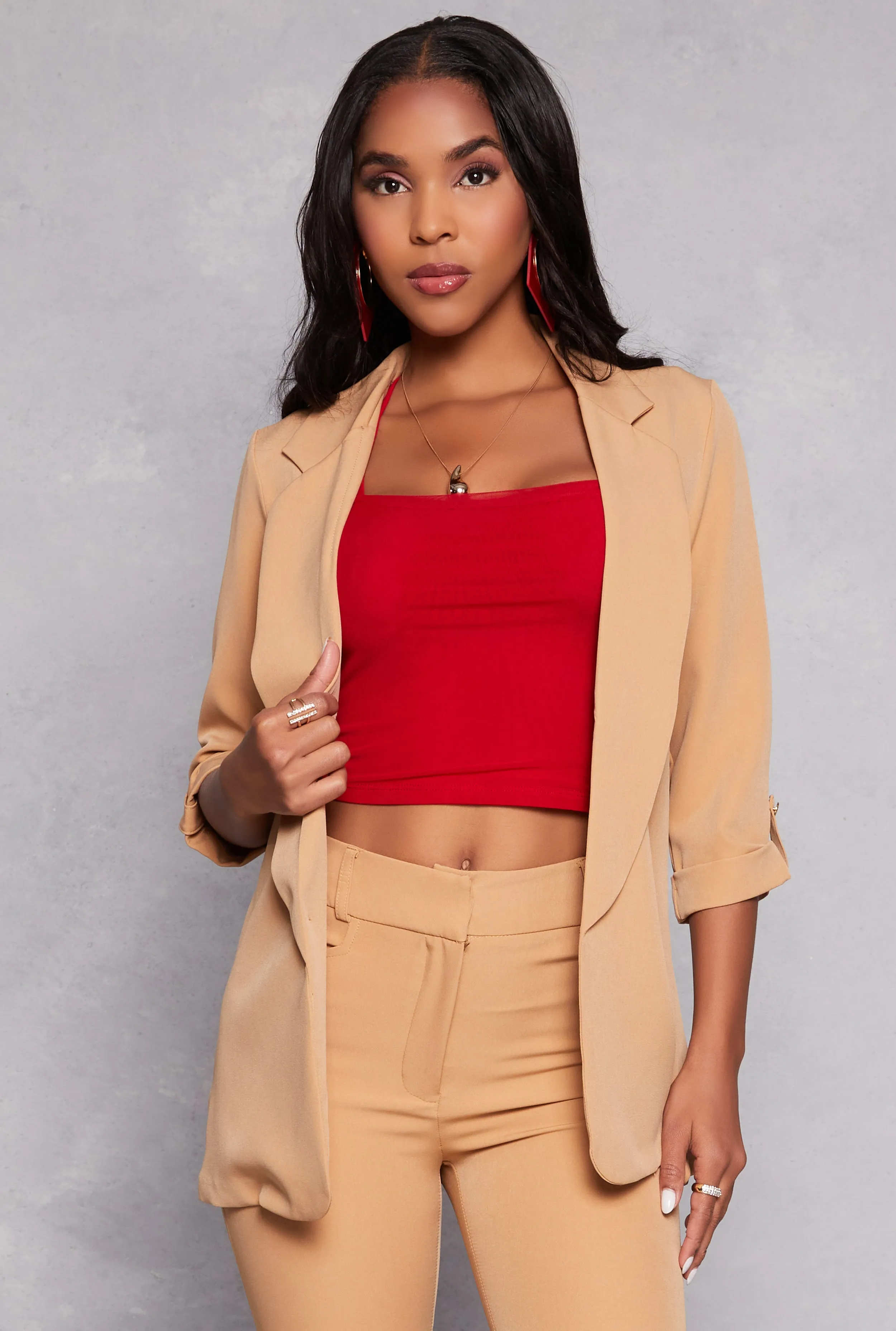 Crepe Knit Open Front Tabbed Sleeve Blazer sold by Rainbow