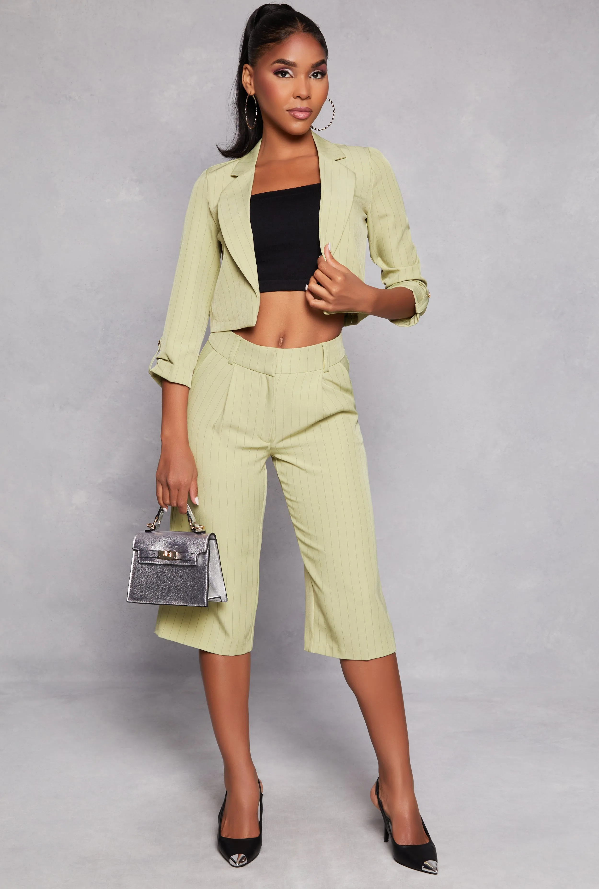 Pinstripe Tabbed Sleeve Cropped Blazer sold by Rainbow product image thumbnail 2