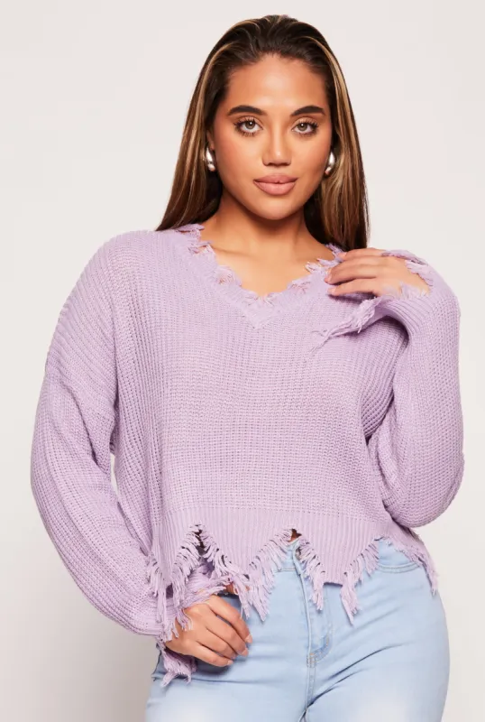 Distressed Knit V Neck Sweater sold by Rainbow