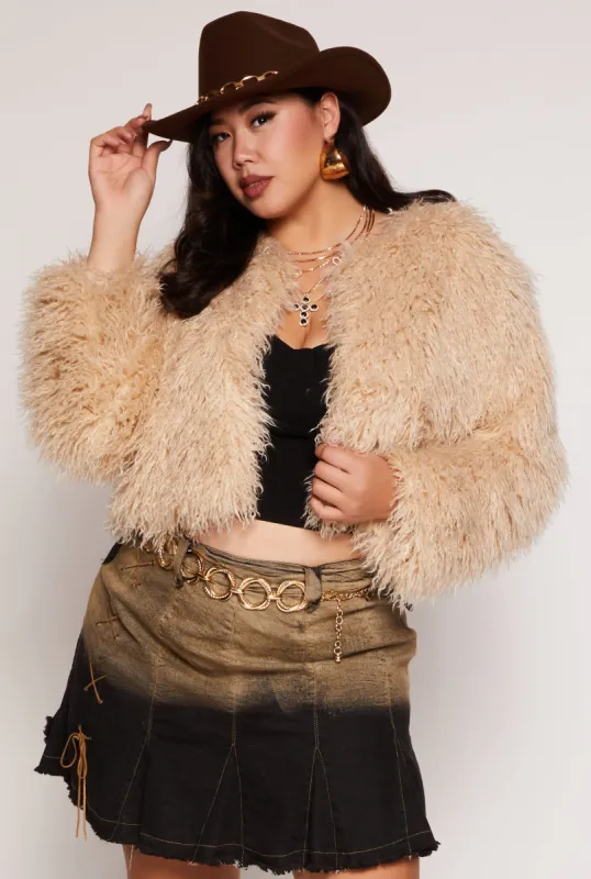 Plus Size Shaggy Faux Fur Cropped Jacket sold by Rainbow