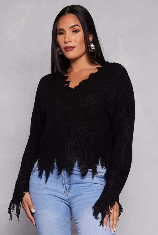 Distressed Knit V Neck Sweater sold by Rainbow